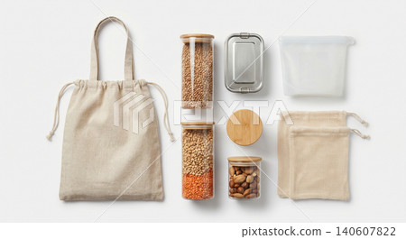 Zero waste kitchen essentials and bulk shopping supplies with eco friendly plastic free flat lay earth friendly sustainable supplies shopping stainless containers reusable lifestyle Zero waste kitchen essentials and bulk shopping supplies with eco friendly plastic free flat lay earth friendly sustainable supplies shopping stainless containers reusable lifestyle 140607822