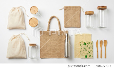 Eco-friendly kitchen and home essentials set with reusable bags and glass jars zero waste plastic free flat lay non toxic sustainable utensils reusable organization lifestyle environment Eco-friendly kitchen and home essentials set with reusable bags and glass jars zero waste plastic free flat lay non toxic sustainable utensils reusable organization lifestyle environment 140607827