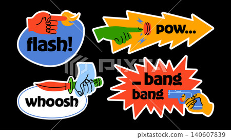 Stickers with illustrations and captions in cartoon comic style. Hands holding weapons, pulling the trigger of a pistol, holding a sword, lighting a fire, pressing a button with an electric charge. Stickers with illustrations and captions in cartoon comic style. Hands holding weapons, pulling the trigger of a pistol, holding a sword, lighting a fire, pressing a button with an electric charge. 140607839