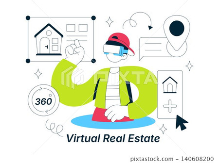Virtual Real Estate Illustration Featuring VR Property Tours, Immersive Home Viewing, Smart Real Estate Technology, and Online Property Exploration Virtual Real Estate Illustration Featuring VR Property Tours, Immersive Home Viewing, Smart Real Estate Technology, and Online Property Exploration 140608200