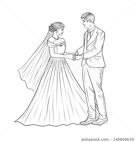 Hand Drawn Wedding Couple Clipart, Holding Hands, Bride and Groom Line Art PNG Hand Drawn Wedding Couple Clipart, Holding Hands, Bride and Groom Line Art PNG 140608639