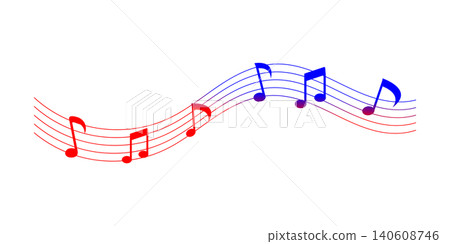 Colorful Musical Notes on Wavy Staff Red to Blue Music Melody Illustration 140608746