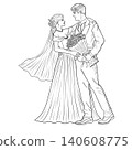 Wedding line art illustration of groom giving a flower bouquet to bride 140608775