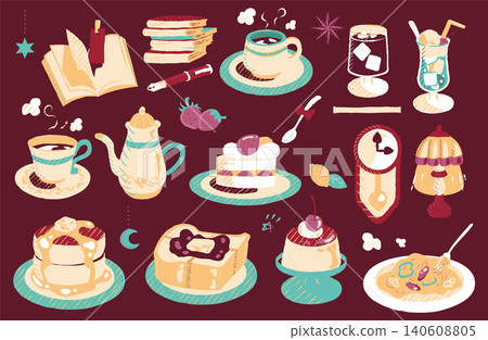 A set of lineless, retro-style illustrations of cafe sweets and drinks. 140608805