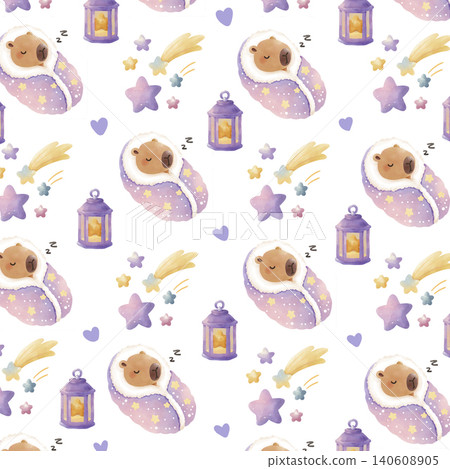 Cute capybara sleeping on moon and magic tree seamless pattern. Watercolor starry night vector background for kids fabric. Cute capybara sleeping on moon and magic tree seamless pattern. Watercolor starry night vector background for kids fabric. 140608905