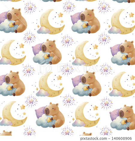 Cute capybara sleeping on moon and magic tree seamless pattern. Watercolor starry night vector background for kids fabric. Cute capybara sleeping on moon and magic tree seamless pattern. Watercolor starry night vector background for kids fabric. 140608906