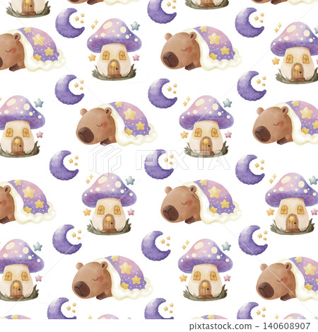 Cute capybara sleeping on moon and magic tree seamless pattern. Watercolor starry night vector background for kids fabric. Cute capybara sleeping on moon and magic tree seamless pattern. Watercolor starry night vector background for kids fabric. 140608907