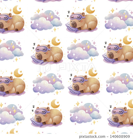 Cute capybara sleeping on moon and magic tree seamless pattern. Watercolor starry night vector background for kids fabric. Cute capybara sleeping on moon and magic tree seamless pattern. Watercolor starry night vector background for kids fabric. 140608909