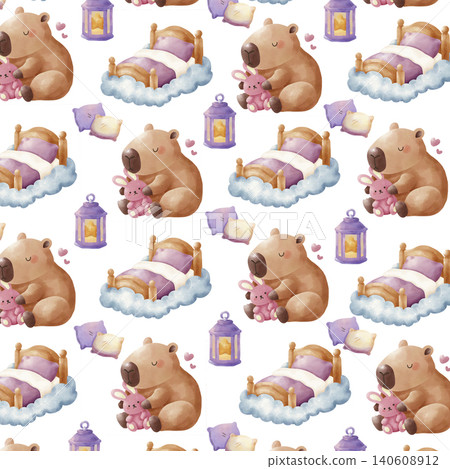 Cute capybara sleeping on moon and magic tree seamless pattern. Watercolor starry night vector background for kids fabric. 140608912