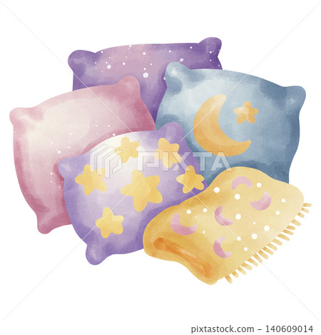 Cozy pillows and blanket with star patterns, watercolor style. Bedtime, sleep, and sweet dreams concept. 140609014