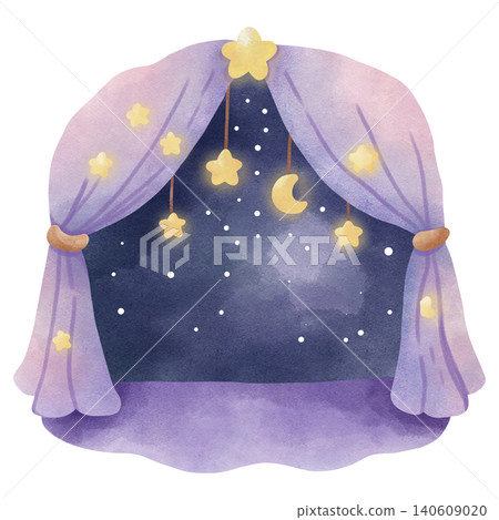 Cozy pillows and blanket with star patterns, watercolor style. Bedtime, sleep, and sweet dreams concept. Cozy pillows and blanket with star patterns, watercolor style. Bedtime, sleep, and sweet dreams concept. 140609020
