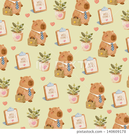 Watercolor Capybara Labor Day Seamless Pattern with Coffee Mug and Lantern Cute Animal Background Watercolor Capybara Labor Day Seamless Pattern with Coffee Mug and Lantern Cute Animal Background 140609178