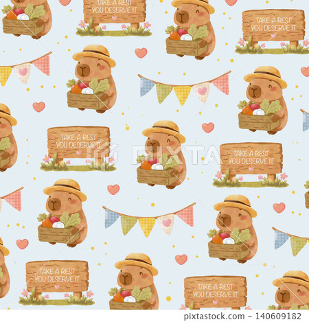 Watercolor Capybara Labor Day Seamless Pattern with Coffee Mug and Lantern Cute Animal Background Watercolor Capybara Labor Day Seamless Pattern with Coffee Mug and Lantern Cute Animal Background 140609182