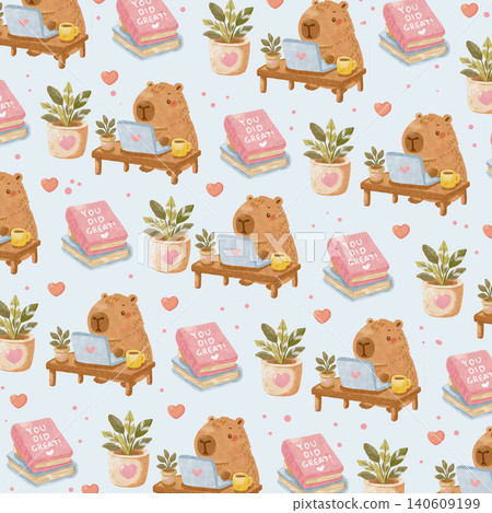 Watercolor Capybara Labor Day Seamless Pattern with Coffee Mug and Lantern Cute Animal Background Watercolor Capybara Labor Day Seamless Pattern with Coffee Mug and Lantern Cute Animal Background 140609199