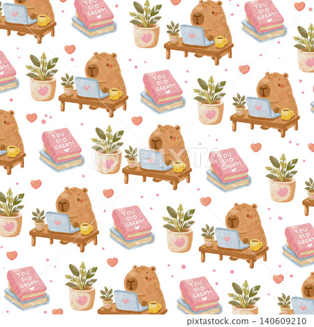 Watercolor Capybara Labor Day Seamless Pattern with Coffee Mug and Lantern Cute Animal Background Watercolor Capybara Labor Day Seamless Pattern with Coffee Mug and Lantern Cute Animal Background 140609210