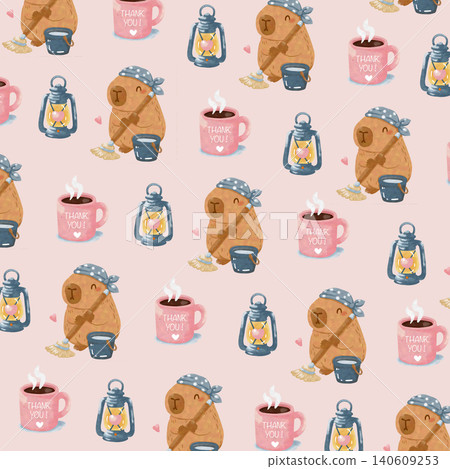 Watercolor Capybara Labor Day Seamless Pattern with Coffee Mug and Lantern Cute Animal Background Watercolor Capybara Labor Day Seamless Pattern with Coffee Mug and Lantern Cute Animal Background 140609253
