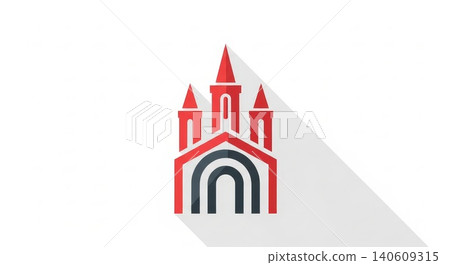 Architecture - Flat Design Red Castle Icon with Arched Gateway Towers and Long Shadow on White Background Architecture - Flat Design Red Castle Icon with Arched Gateway Towers and Long Shadow on White Background 140609315