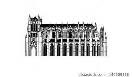 Architecture - Gothic Cathedral Minimalist Black and White Line Art Illustration Side View with Spires Architecture - Gothic Cathedral Minimalist Black and White Line Art Illustration Side View with Spires 140609318