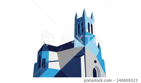 Architecture - Low Angle View of Geometric Polygon Style Christian Church with Bell Tower Blue Illustration Architecture - Low Angle View of Geometric Polygon Style Christian Church with Bell Tower Blue Illustration 140609323