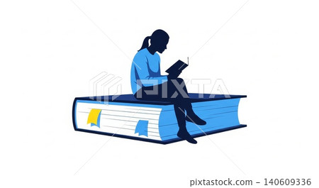 Education - Girl Silhouette Sitting on Giant Blue Book Reading in Flat Vector Illustration Style Education - Girl Silhouette Sitting on Giant Blue Book Reading in Flat Vector Illustration Style 140609336