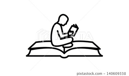 Education - Minimalist Line Art Icon of Person Sitting Cross Legged on Large Open Book Reading Small Book Education - Minimalist Line Art Icon of Person Sitting Cross Legged on Large Open Book Reading Small Book 140609338