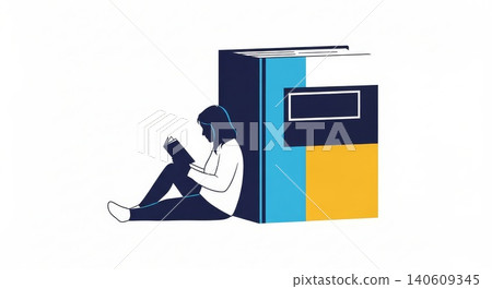 Education - Young Woman Sitting on Floor Reading Book Leaning Against Giant Oversized Book Illustration Education - Young Woman Sitting on Floor Reading Book Leaning Against Giant Oversized Book Illustration 140609345