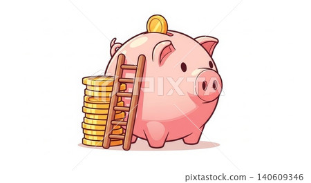 Finance - Cute Pink Piggy Bank With Gold Coin Stack and Wooden Ladder Savings Growth Concept Cartoon Finance - Cute Pink Piggy Bank With Gold Coin Stack and Wooden Ladder Savings Growth Concept Cartoon 140609346