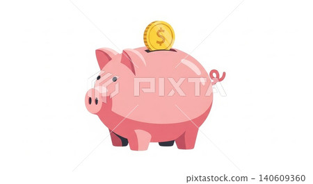 Finance - Pink Piggy Bank With Gold Dollar Coin Being Inserted Into Slot Savings and Investment Concept Finance - Pink Piggy Bank With Gold Dollar Coin Being Inserted Into Slot Savings and Investment Concept 140609360