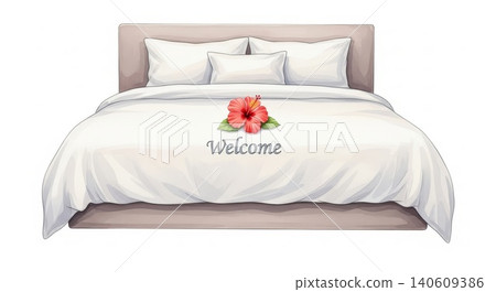 Hotel - Luxury Hotel Bed with White Bedding Hibiscus Flower and Welcome Text Tropical Resort Room Hotel - Luxury Hotel Bed with White Bedding Hibiscus Flower and Welcome Text Tropical Resort Room 140609386