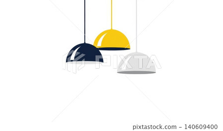 Interior Design - Three Colorful Pendant Lamps Hanging in Navy Blue Yellow and White Flat Style Illustration 140609400