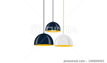 Interior Design - Three Modern Pendant Lamps Hanging Dark Navy and White Dome Shades with Golden Yellow Interior Interior Design - Three Modern Pendant Lamps Hanging Dark Navy and White Dome Shades with Golden Yellow Interior 140609401
