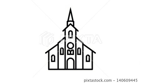 Religion - Black and White Line Art Icon of a Christian Church Building with Steeple and Arched Door Religion - Black and White Line Art Icon of a Christian Church Building with Steeple and Arched Door 140609445