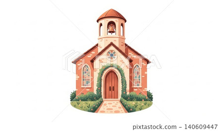 Religion - Charming Brick Chapel With Bell Tower Rose Window Arched Door and Lush Garden Path Illustration 140609447