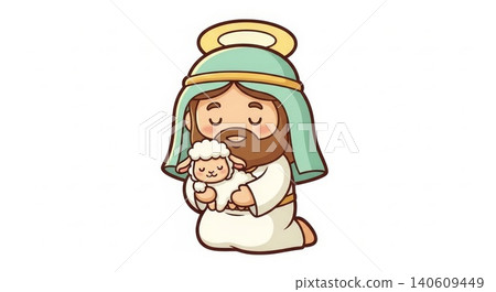 Religion - Cute Cartoon Jesus Christ Kneeling and Holding a Baby Lamb with Halo and Green Headcover Religion - Cute Cartoon Jesus Christ Kneeling and Holding a Baby Lamb with Halo and Green Headcover 140609449
