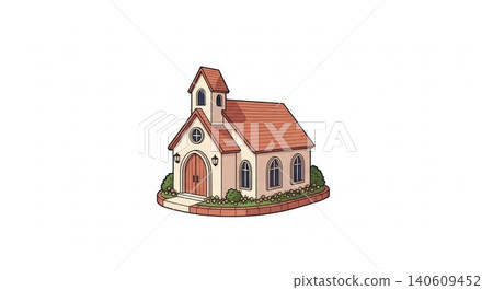 Religion - Cute Cartoon Small Chapel with Arched Door Bell Tower Red Roof Flowers and Surrounding Garden Religion - Cute Cartoon Small Chapel with Arched Door Bell Tower Red Roof Flowers and Surrounding Garden 140609452