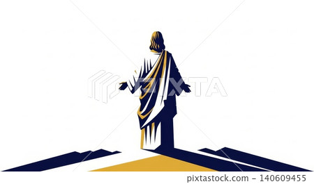 Religion - Jesus Christ Figure Viewed From Behind With Open Arms Standing Over Ancient City Rooftops Illustration Religion - Jesus Christ Figure Viewed From Behind With Open Arms Standing Over Ancient City Rooftops Illustration 140609455