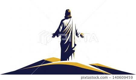 Religion - Jesus Christ Standing on Hill with Open Arms Viewed from Behind Navy Blue Gold Illustration Religion - Jesus Christ Standing on Hill with Open Arms Viewed from Behind Navy Blue Gold Illustration 140609459