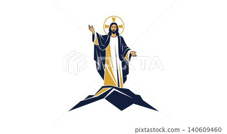 Religion - Jesus Christ Standing on Mountain Peak with Open Arms and Golden Halo Cross Symbol Illustration Religion - Jesus Christ Standing on Mountain Peak with Open Arms and Golden Halo Cross Symbol Illustration 140609460