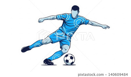 Soccer - Dynamic Blue Uniform Football Player Kicking Ball in Action Pose Flat Vector Illustration Soccer - Dynamic Blue Uniform Football Player Kicking Ball in Action Pose Flat Vector Illustration 140609484