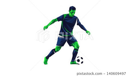 Soccer - Low Poly Geometric Male Football Player Dribbling Ball in Navy Blue and Green Uniform 140609497