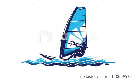 Windsurfing - Dynamic Vector Illustration of Windsurfer Riding Ocean Waves with Blue Sail Logo Design 140609575
