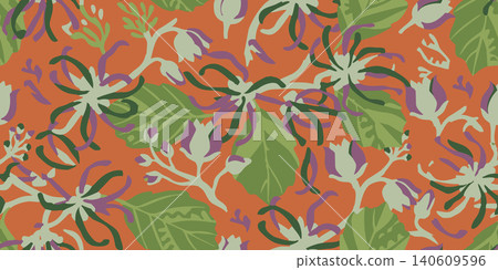 Floral seamless pattern featuring stylistic witch hazel blossoms, buds, and green foliage over an orange backdrop. Great for fabric or wallpaper. Floral seamless pattern featuring stylistic witch hazel blossoms, buds, and green foliage over an orange backdrop. Great for fabric or wallpaper. 140609596