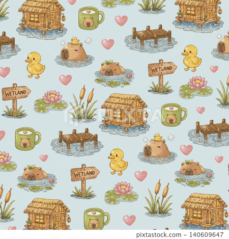 Kawaii Watercolor Capybara Wetland Clipart Bundle, Elements, Text Boxes, Seamless Patterns, Cute Capybara PNG, Scrapbook, Journal Kit 140609647