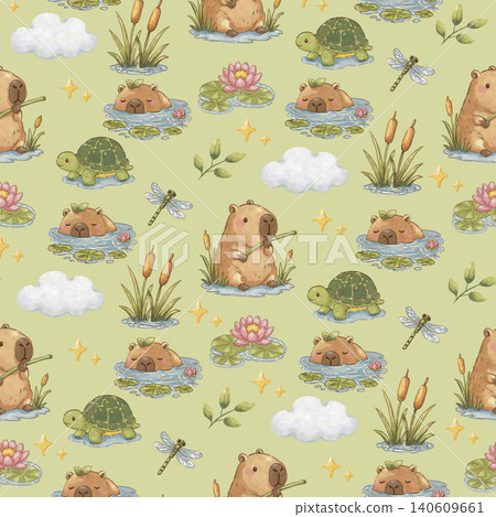 Kawaii Watercolor Capybara Wetland Clipart Bundle, Elements, Text Boxes, Seamless Patterns, Cute Capybara PNG, Scrapbook, Journal Kit 140609661
