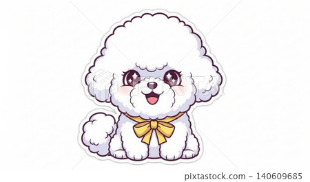 Animal - Cute Kawaii Bichon Frise Puppy Cartoon Sticker with Fluffy White Fur and Yellow Bow 140609685