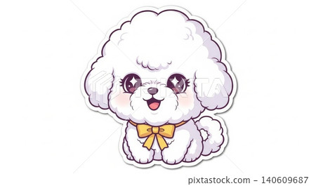 Animal - Cute Kawaii Bichon Frise Puppy Cartoon Sticker with Fluffy White Fur and Yellow Bow 140609687