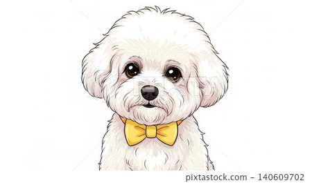 Animal - Cute White Bichon Frise Dog Illustration with Yellow Bow Tie on White Background 140609702