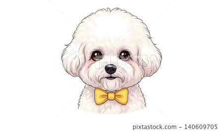 Animal - Cute White Bichon Frise Puppy Cartoon Illustration with Yellow Bow Tie on White Background 140609705