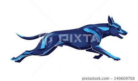 Animal - Dynamic Blue Running Dog Vector Illustration with Geometric Muscle Detail and Sleek Athletic Form 140609708