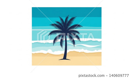 Beach - Tropical Palm Tree Silhouette on Sandy Shore With Turquoise Ocean Waves Flat Vector Illustration Beach - Tropical Palm Tree Silhouette on Sandy Shore With Turquoise Ocean Waves Flat Vector Illustration 140609777